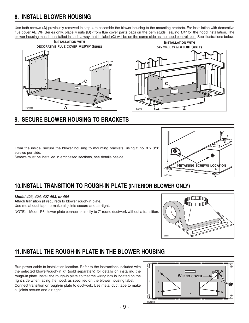 Install blower housing, Install transition to rough-in plate, Install the rough-in plate in the blower housing | Secure blower housing to brackets, Interior blower only) | Best IP29M Series User Manual | Page 9 / 16