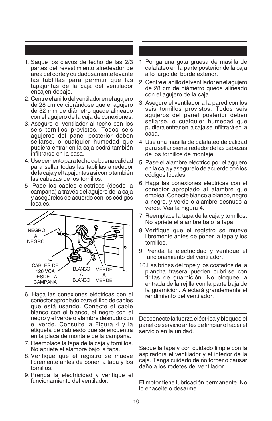 Instale del ventilador, Uso y cuidado, Instalaciones de techo | Instalaciones de pared, Limpieza, Lubricacion del motor | Best EB6 User Manual | Page 10 / 20