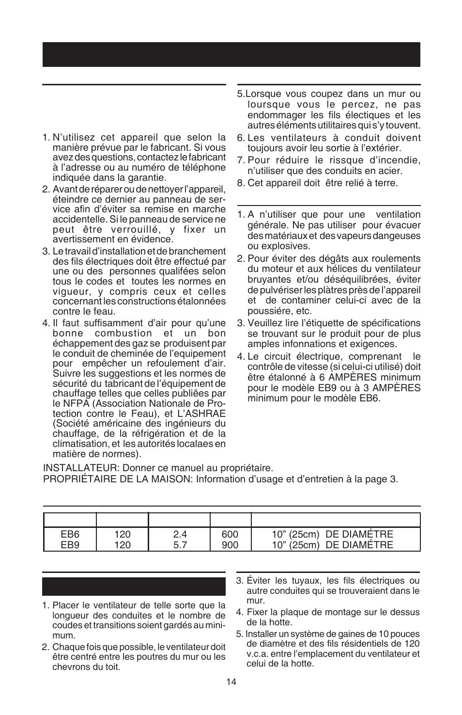 Lire et conserver ces instructions, Avertissement, Attention | Spécifications, Plannification de l’installation, Toutes les installations | Best EB6 User Manual | Page 14 / 20