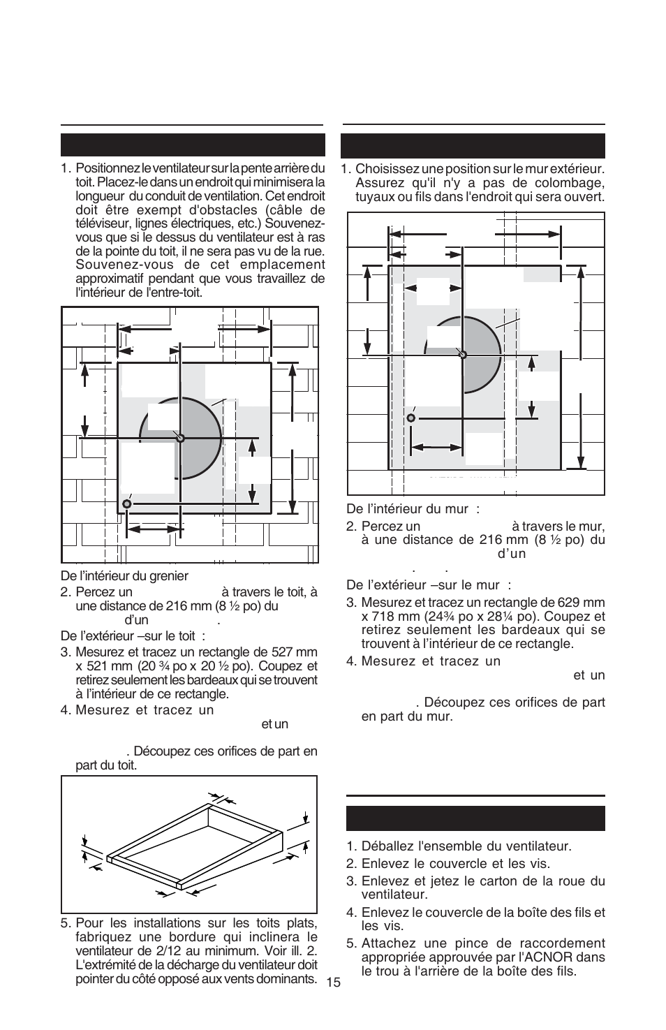 Préparez le ventilateur, Préparation de l’emplacement pour l’installation, Installation sur un mur installations sur le toit | Toutes les installations, Extérieur –vue du mur, 184mm (7¼po) | Best EB6 User Manual | Page 15 / 20