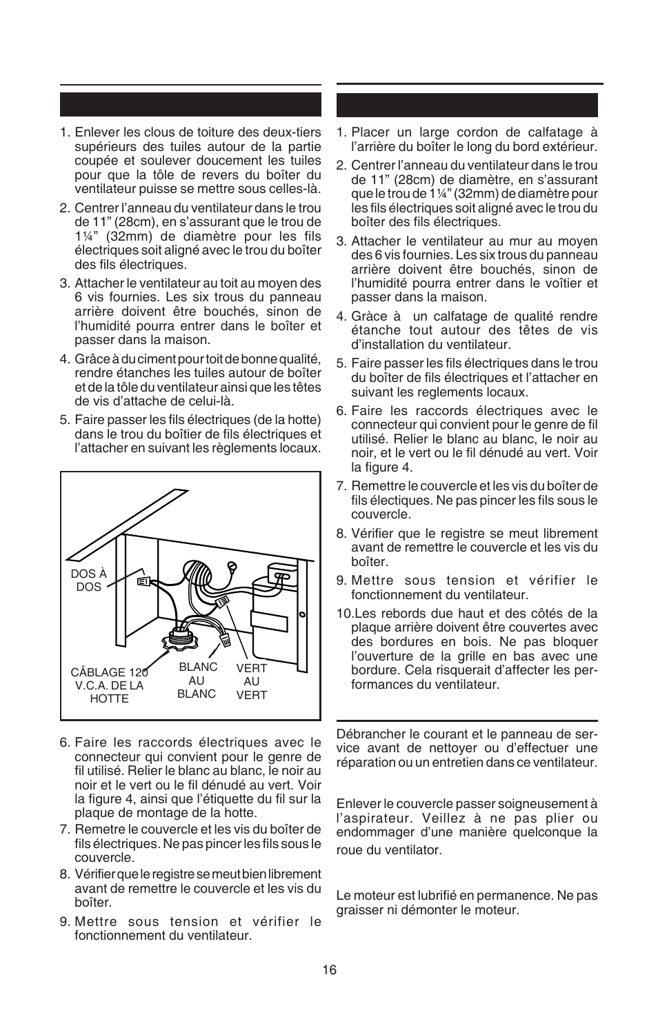 Instalez du ventilateur, Usage et entretien, Installation sur le toit | Installation au mur, Nettoyage, Lubrification du moteur | Best EB6 User Manual | Page 16 / 20