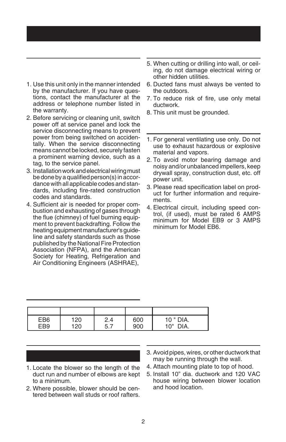 Read and save these instructions, Warning, Caution | Specifications, Plan the installation | Best EB6 User Manual | Page 2 / 20