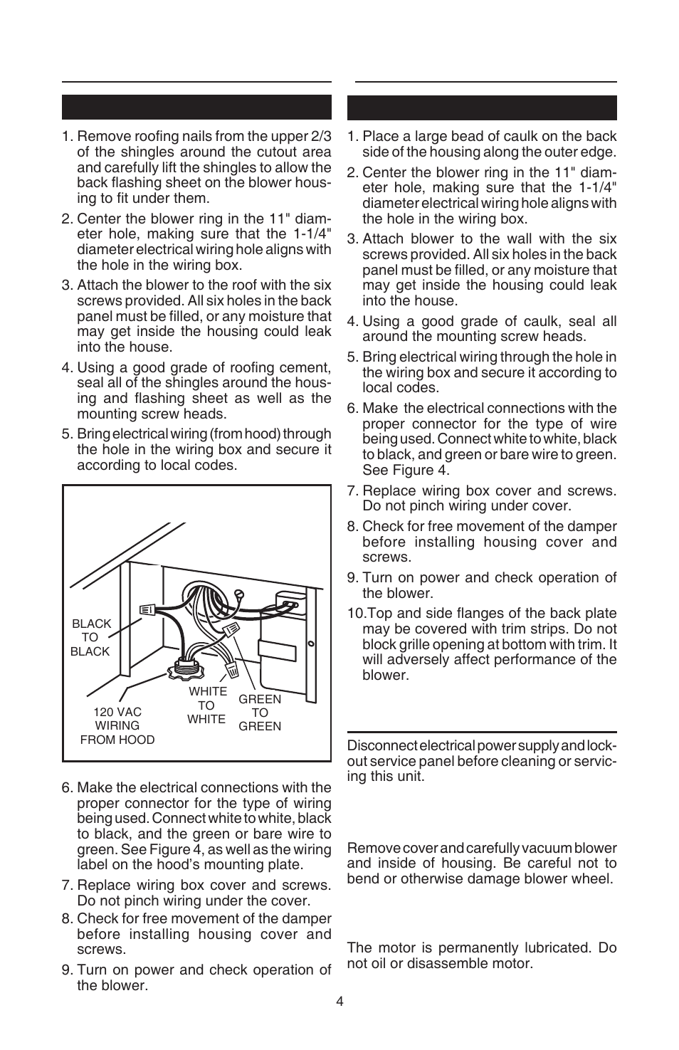 Install the blower, Use and care, Roof installations | Wall installations, Cleaning, Motor lubrication | Best EB6 User Manual | Page 4 / 20