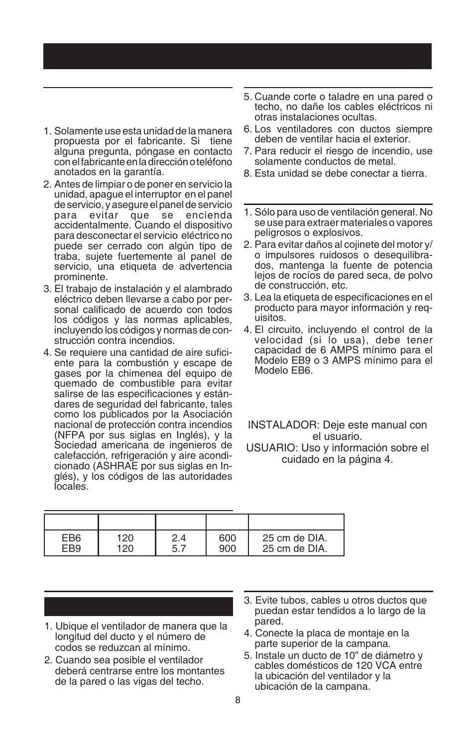 Lea y conserve estas instrucciones, Advertencia, Precaucion | Planeamiento de la instalacion, Planeamiento de la instalacion especificaciones | Best EB6 User Manual | Page 8 / 20