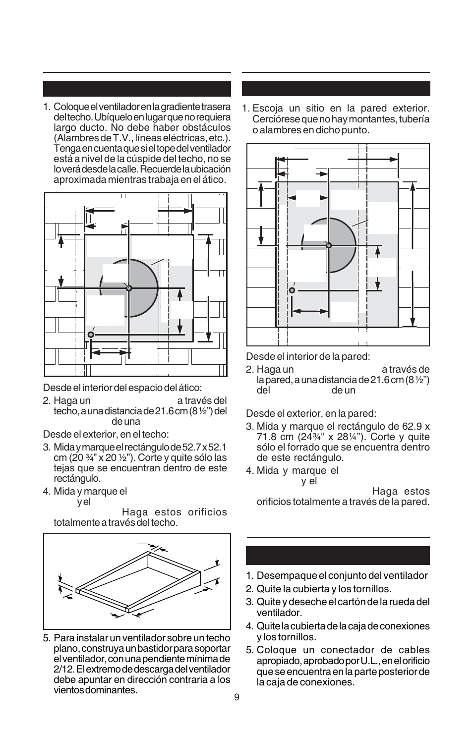 Prepare el ventilador, Prepare el sitio para la instalacion, Instalaciones de techo instalaciones de pared | Todas las instalaciones | Best EB6 User Manual | Page 9 / 20