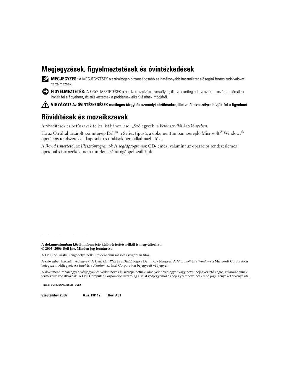 Megjegyzések, figyelmeztetések és óvintézkedések, Rövidítések és mozaikszavak | Dell OptiPlex GX620 User Manual | Page 196 / 338