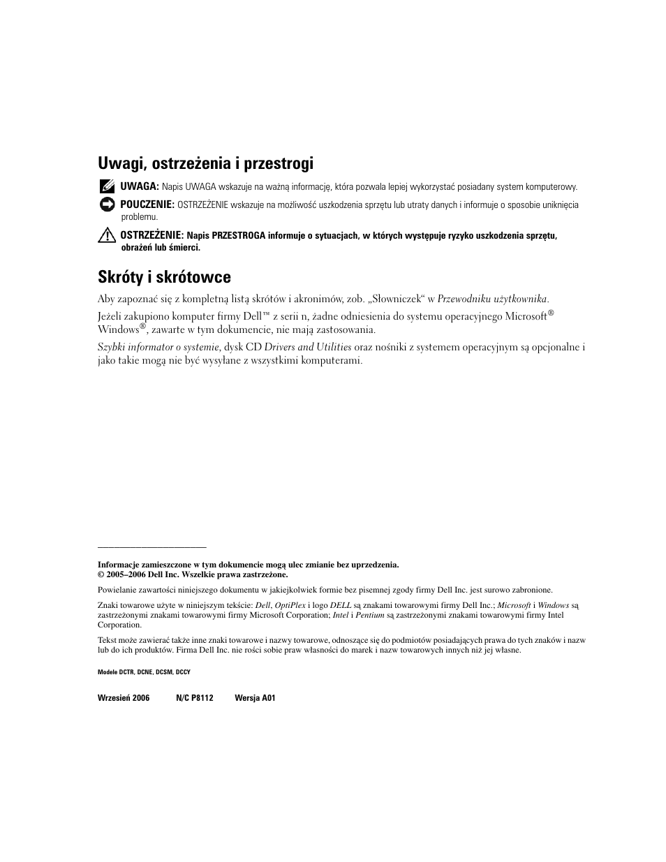 Uwagi, ostrzeżenia i przestrogi, Skróty i skrótowce | Dell OptiPlex GX620 User Manual | Page 244 / 338