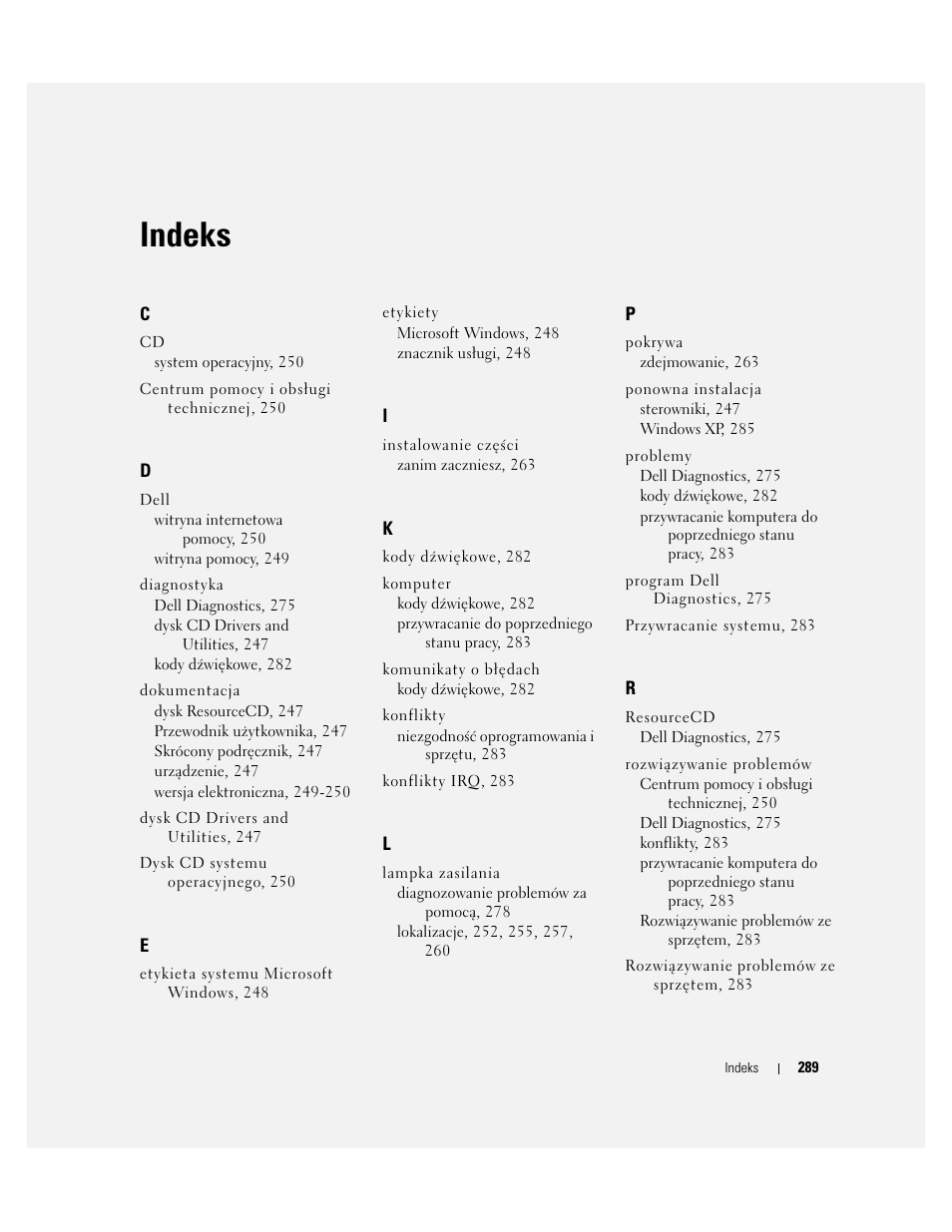 Indeks | Dell OptiPlex GX620 User Manual | Page 289 / 338