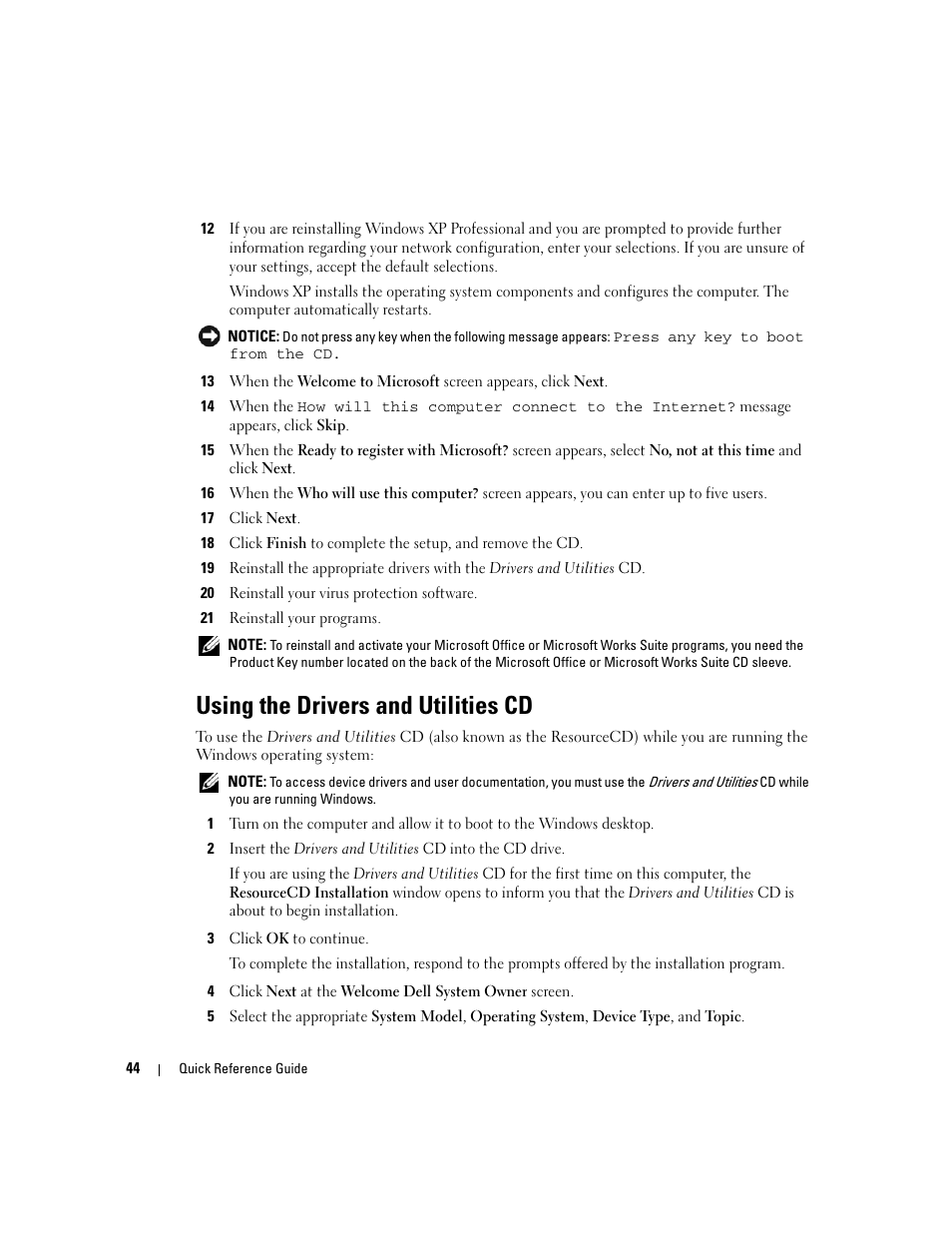 Using the drivers and utilities cd, Reinstalling microsoft, Windows | Dell OptiPlex GX620 User Manual | Page 44 / 338