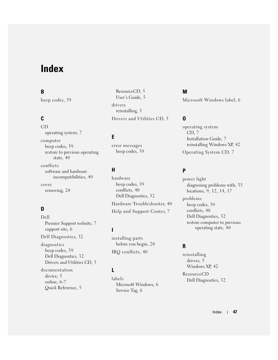 Index | Dell OptiPlex GX620 User Manual | Page 47 / 338