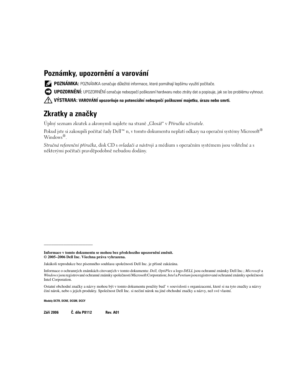 Poznámky, upozornění a varování, Zkratky a značky | Dell OptiPlex GX620 User Manual | Page 50 / 338