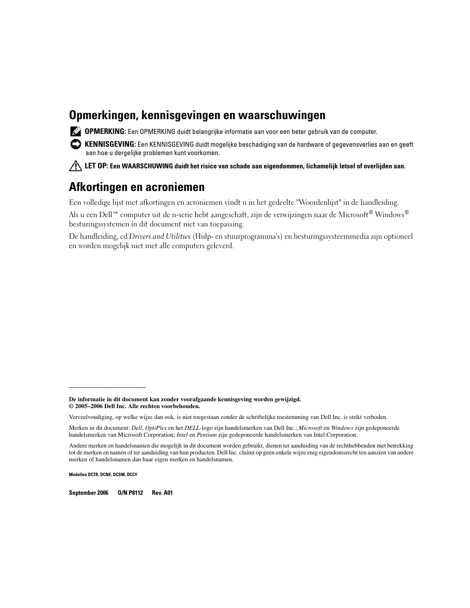 Opmerkingen, kennisgevingen en waarschuwingen, Afkortingen en acroniemen | Dell OptiPlex GX620 User Manual | Page 98 / 338