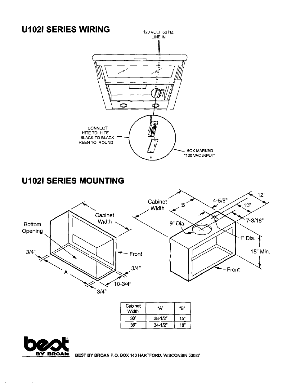 U102i series wiring, U102i series mounting | Best U1021 User Manual | Page 2 / 2