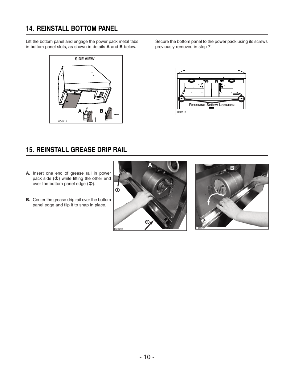 Reinstall bottom panel, Reinstall grease drip rail, Ba 1 2 | Best CP37 User Manual | Page 10 / 16