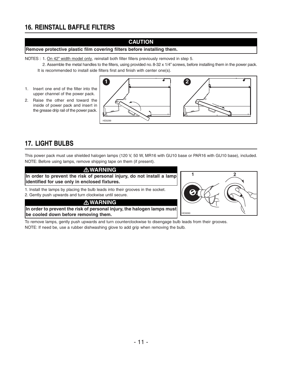 Reinstall baffle filters, Light bulbs | Best CP37 User Manual | Page 11 / 16