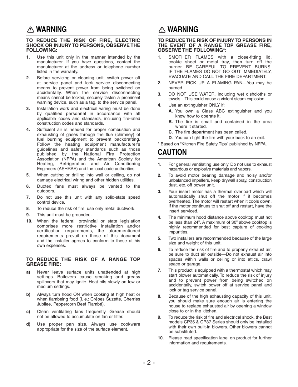 Warning, Caution | Best CP37 User Manual | Page 2 / 16