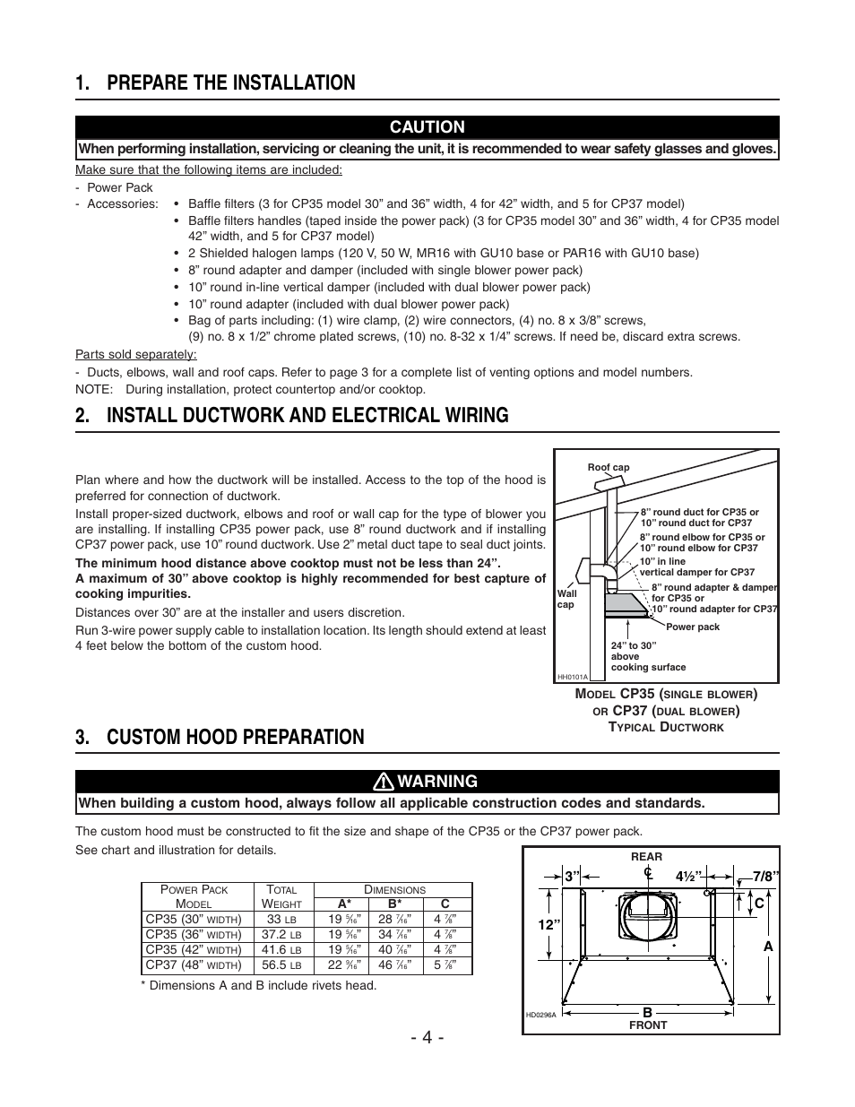 Install ductwork and electrical wiring, Prepare the installation, Custom hood preparation | Caution, Warning | Best CP37 User Manual | Page 4 / 16