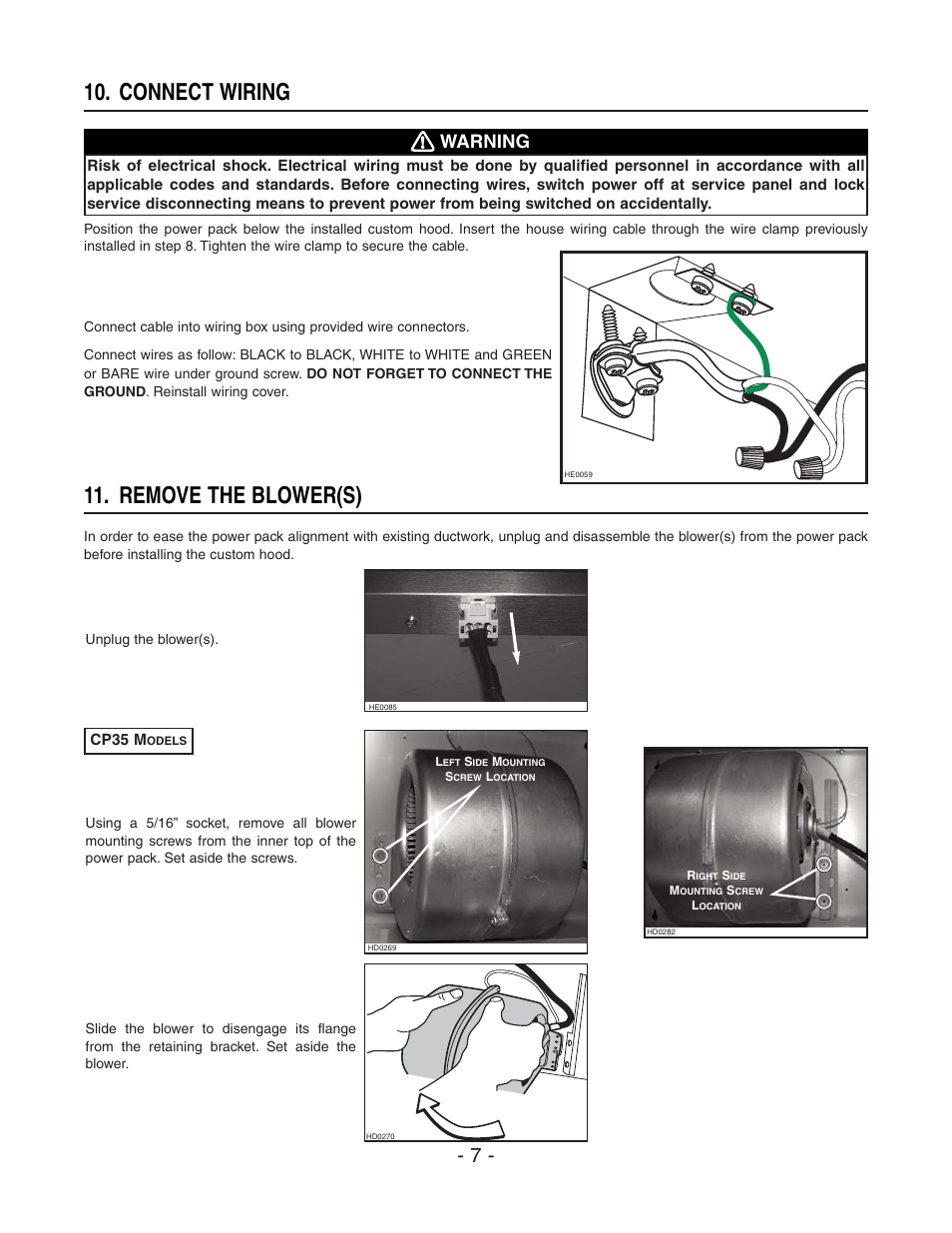 Connect wiring, Remove the blower(s), Warning | Best CP37 User Manual | Page 7 / 16