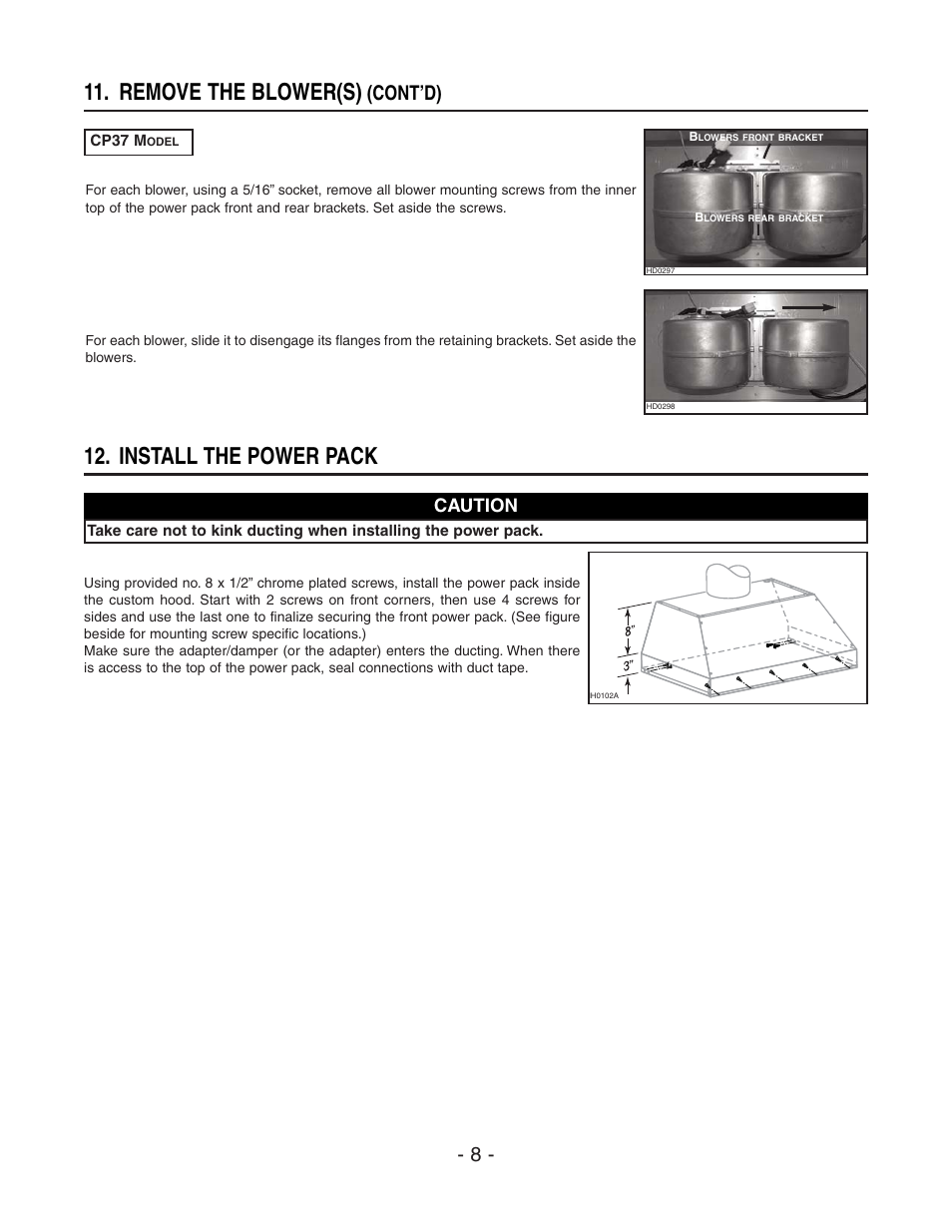 Remove the blower(s), Install the power pack, Cont’d) | Caution | Best CP37 User Manual | Page 8 / 16