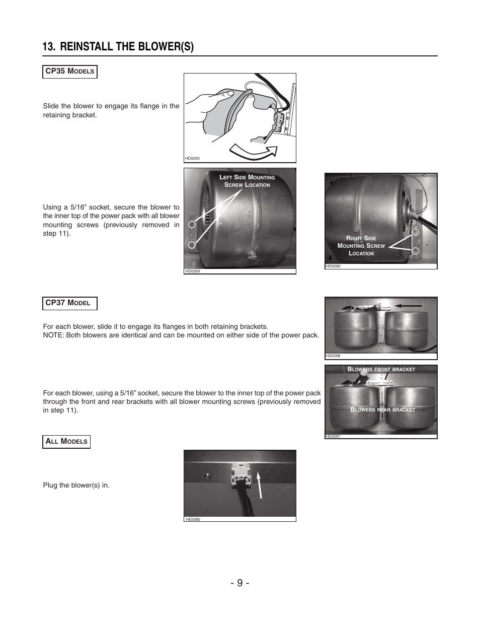 Reinstall the blower(s), Cp37 m, Cp35 m | Best CP37 User Manual | Page 9 / 16