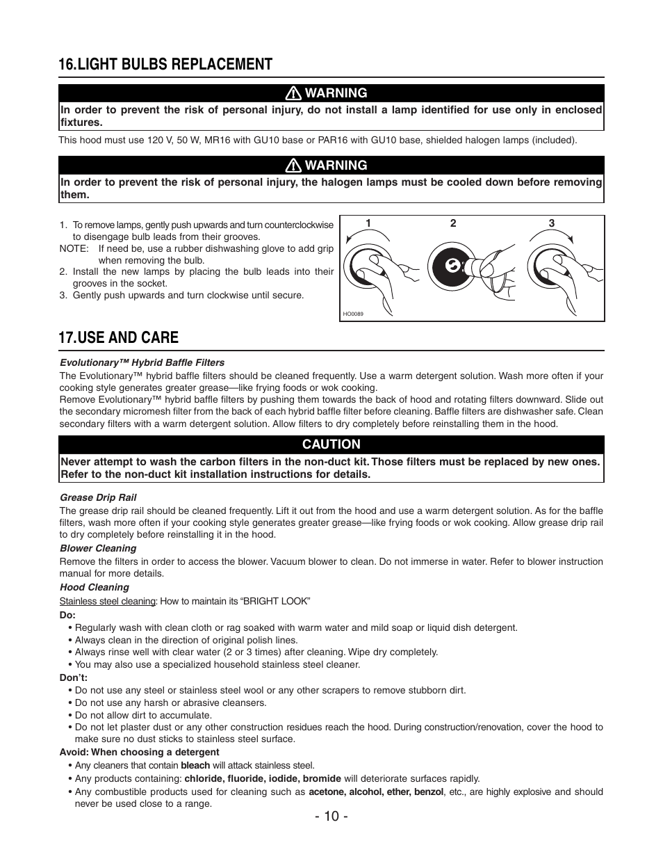 Light bulbs replacement, Use and care | Best WP29M User Manual | Page 10 / 36