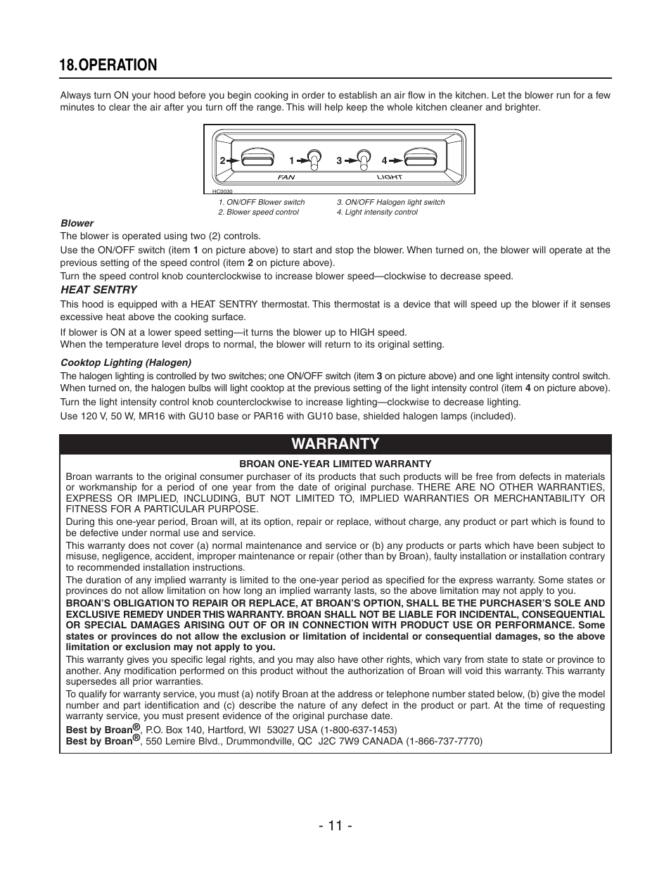 Operation, Warranty | Best WP29M User Manual | Page 11 / 36