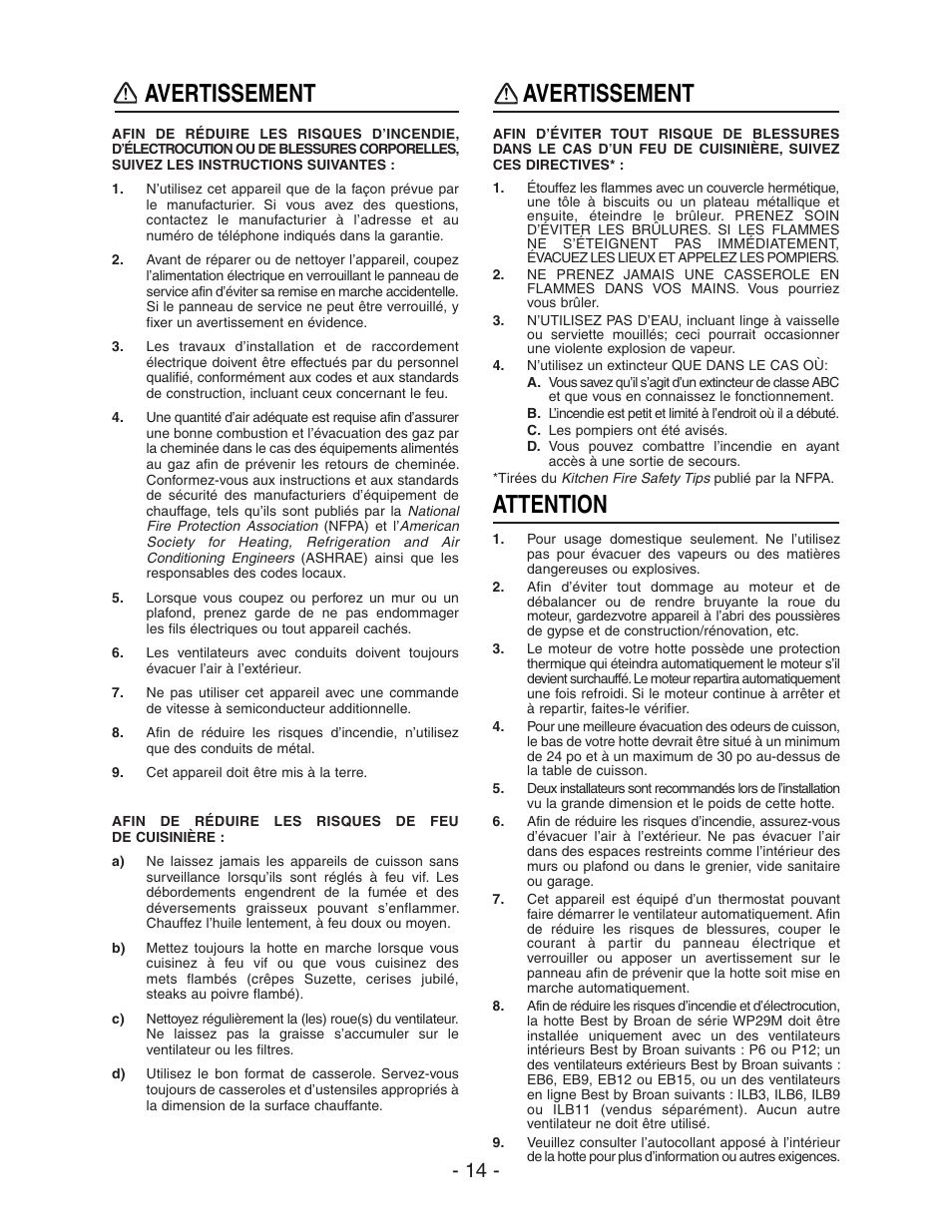 Avertissement, Attention | Best WP29M User Manual | Page 14 / 36