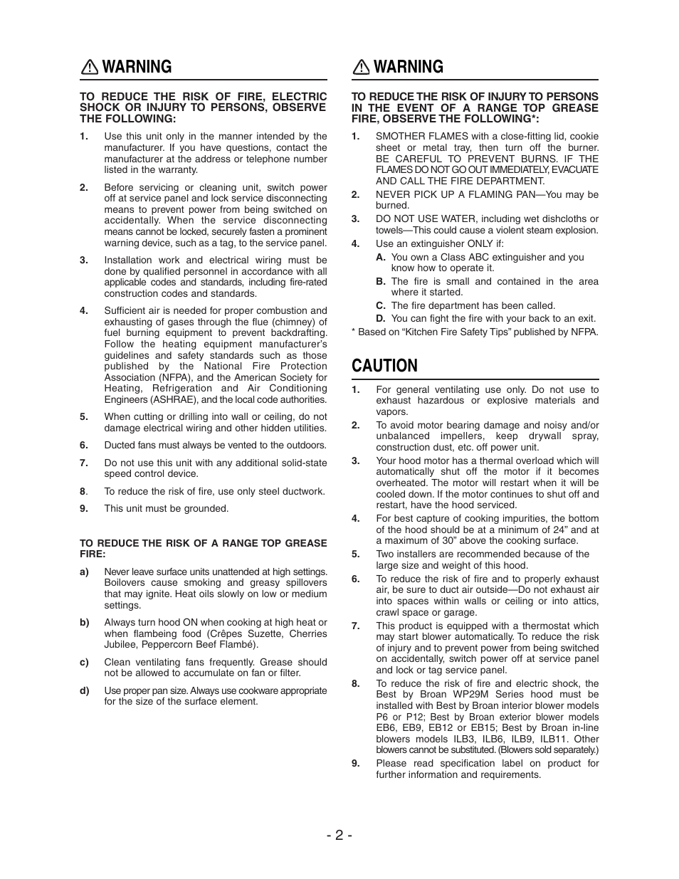 Warning, Caution | Best WP29M User Manual | Page 2 / 36