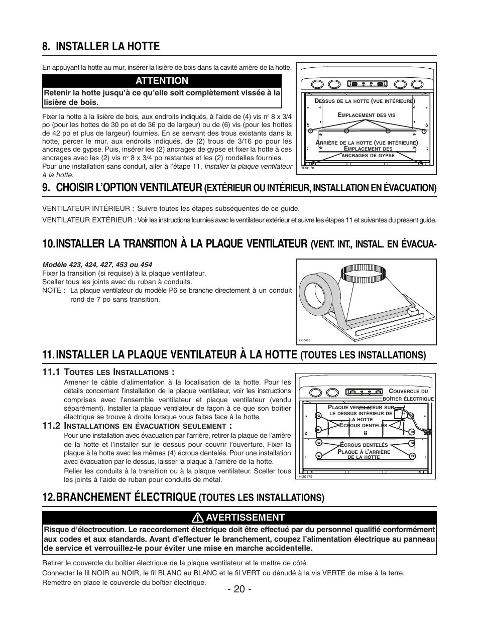 Installer la plaque ventilateur à la hotte, Choisir l’option ventilateur, Installer la transition à la plaque ventilateur | Installer la hotte, Branchement électrique, Toutes les installations), Vent. int., instal. en évacua, Attention, Avertissement | Best WP29M User Manual | Page 20 / 36