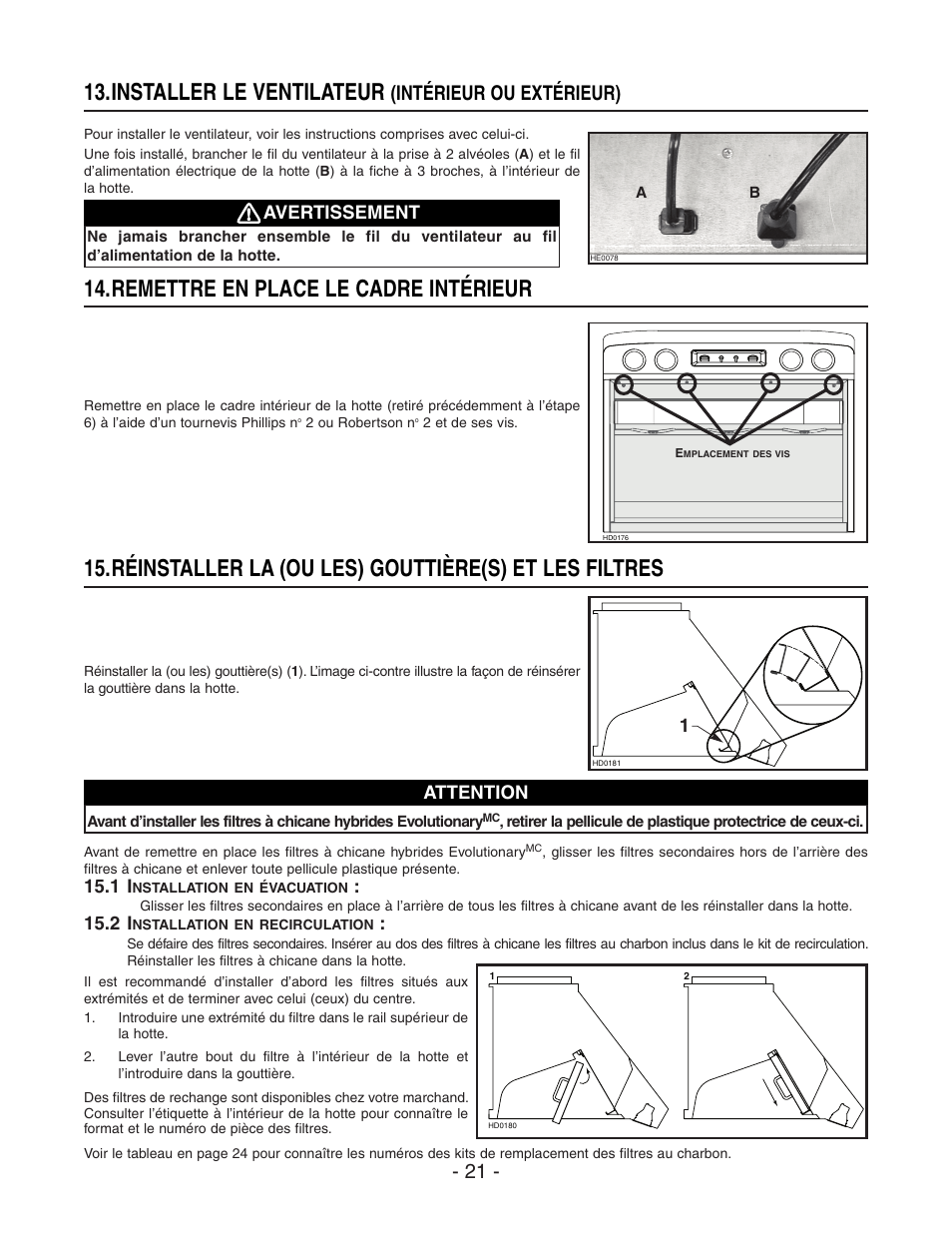 Installer le ventilateur, Remettre en place le cadre intérieur, Intérieur ou extérieur) | Avertissement, Attention | Best WP29M User Manual | Page 21 / 36