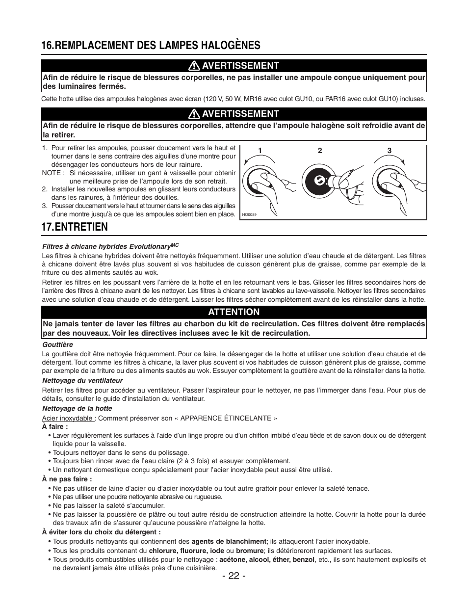 Remplacement des lampes halogènes, Entretien | Best WP29M User Manual | Page 22 / 36