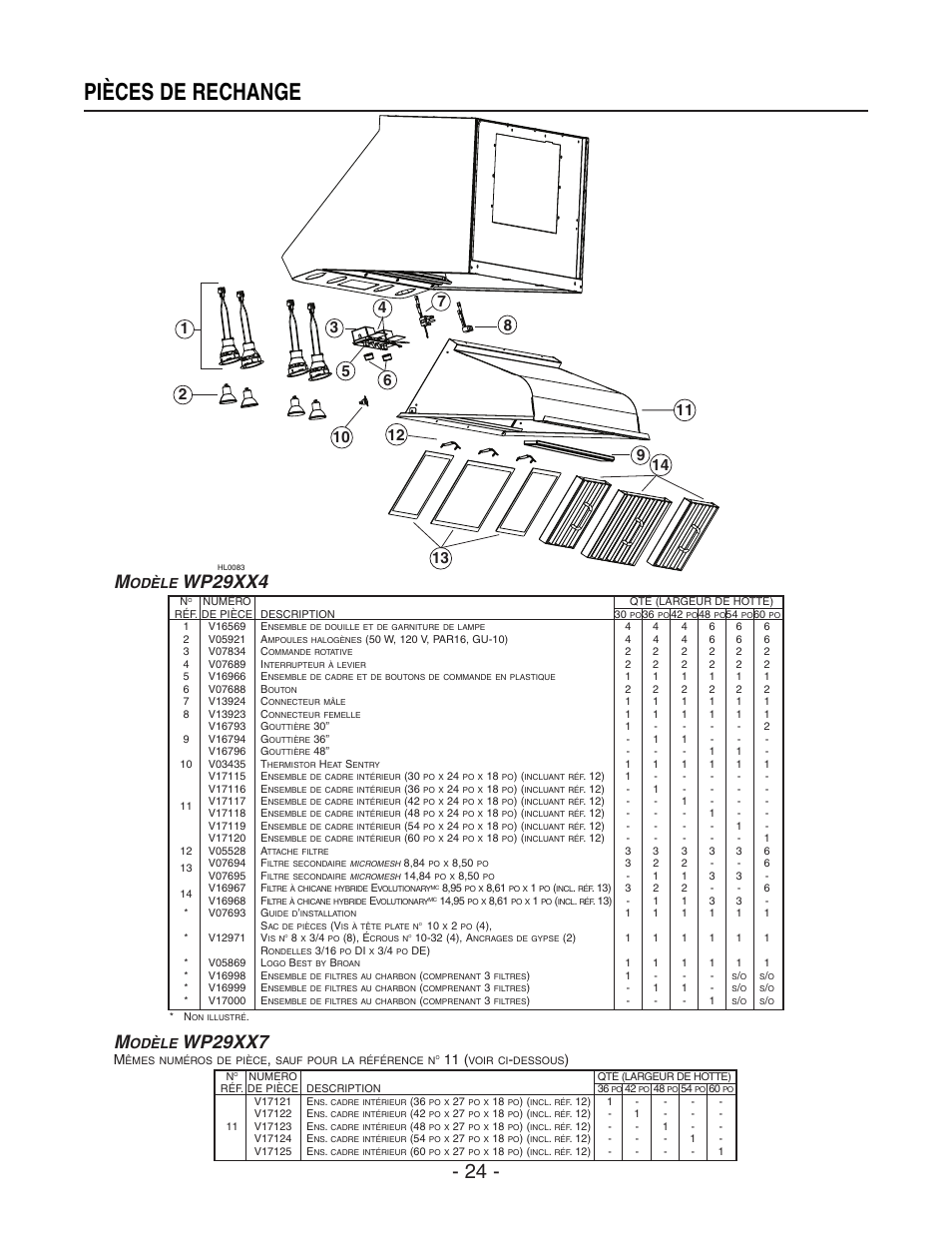 Pièces de rechange, Wp29xx4 m, Wp29xx7 | Odèle | Best WP29M User Manual | Page 24 / 36