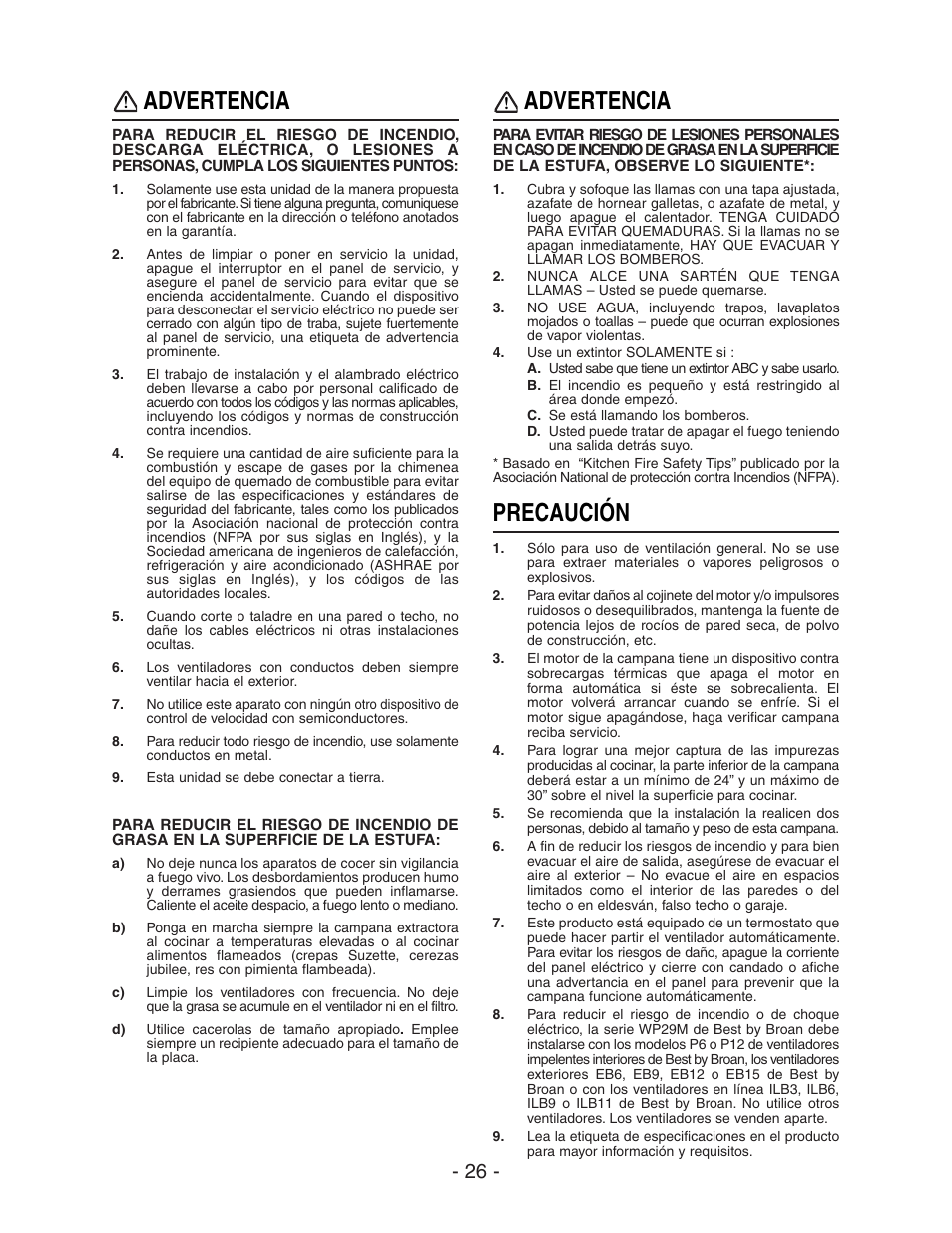 Advertencia, Precaución | Best WP29M User Manual | Page 26 / 36