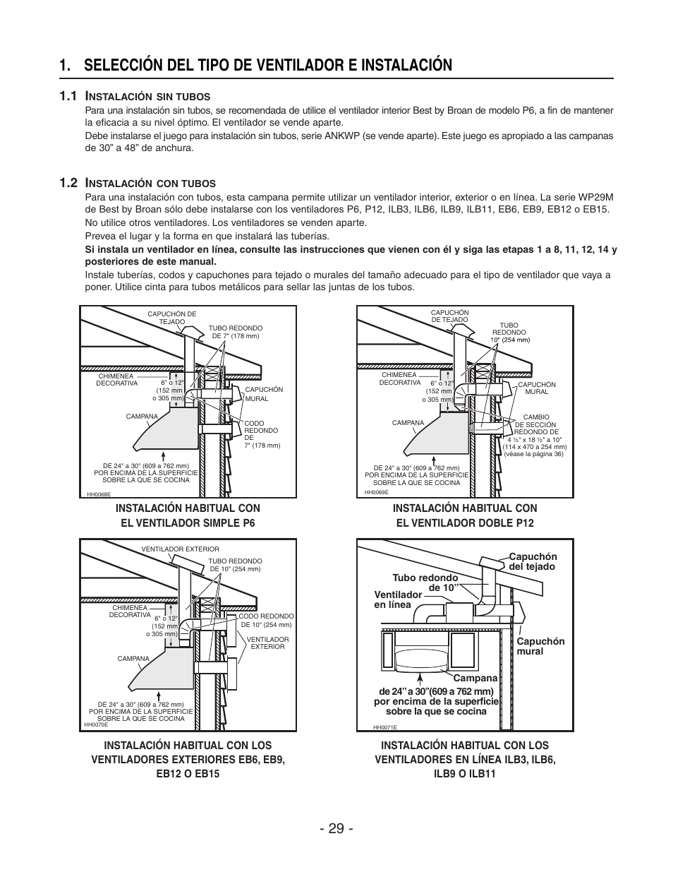 Selección del tipo de ventilador e instalación, Instalación habitual con el ventilador simple p6, Instalación habitual con el ventilador doble p12 | Best WP29M User Manual | Page 29 / 36