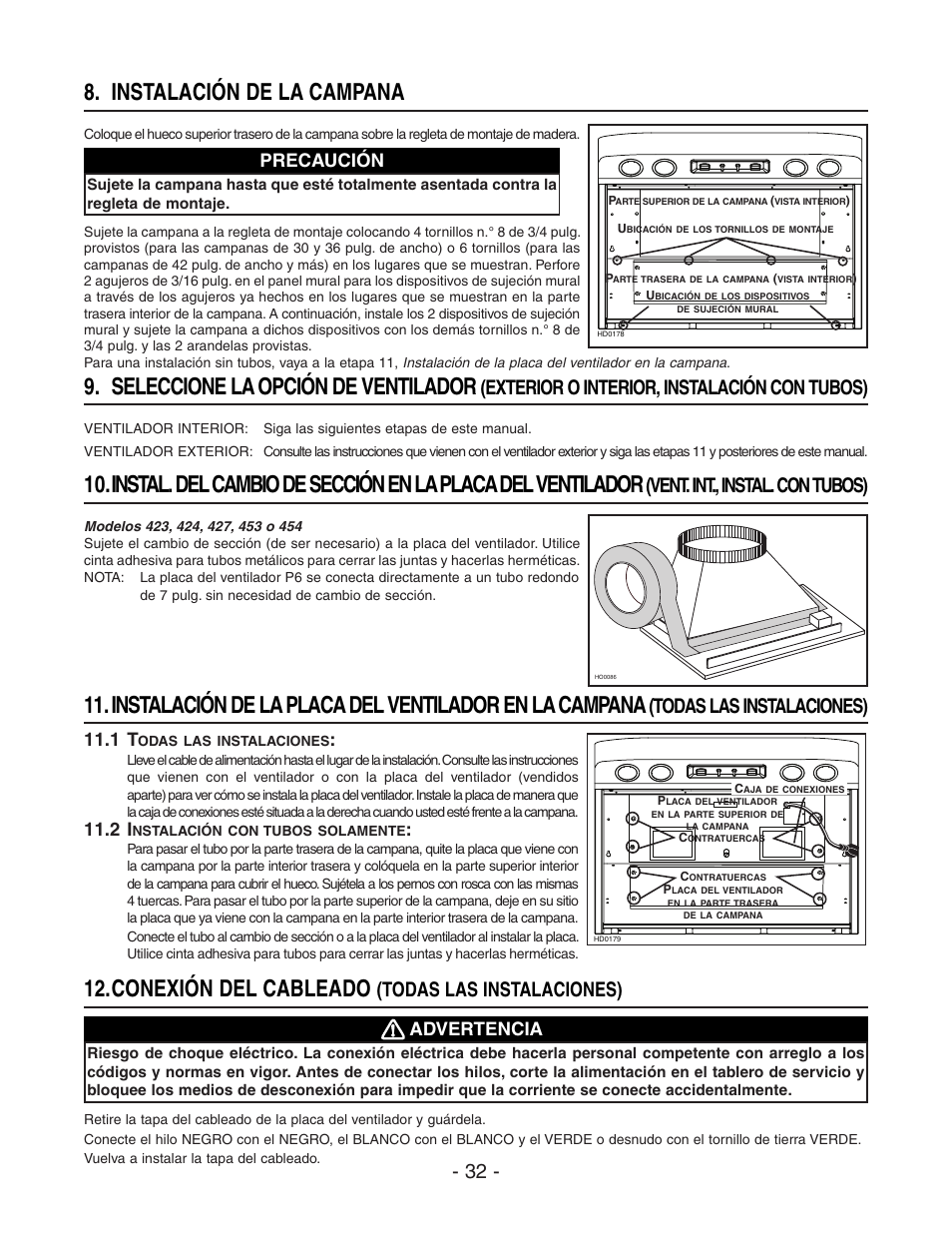 Seleccione la opción de ventilador, Instalación de la campana, Conexión del cableado | Todas las instalaciones), Exterior o interior, instalación con tubos), Vent. int., instal. con tubos), Precaución, Advertencia | Best WP29M User Manual | Page 32 / 36
