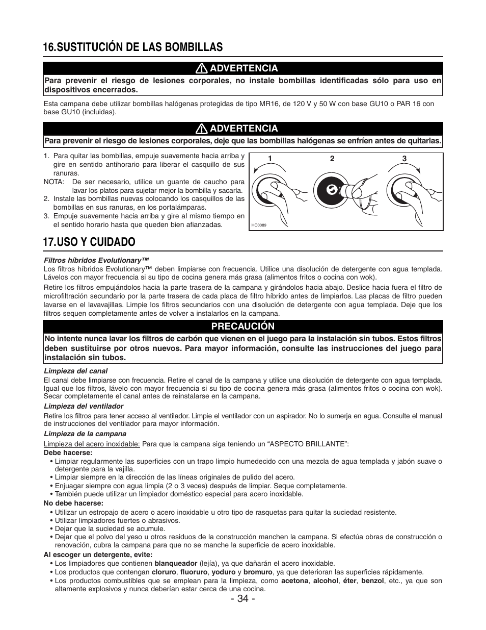 Sustitución de las bombillas, Uso y cuidado | Best WP29M User Manual | Page 34 / 36