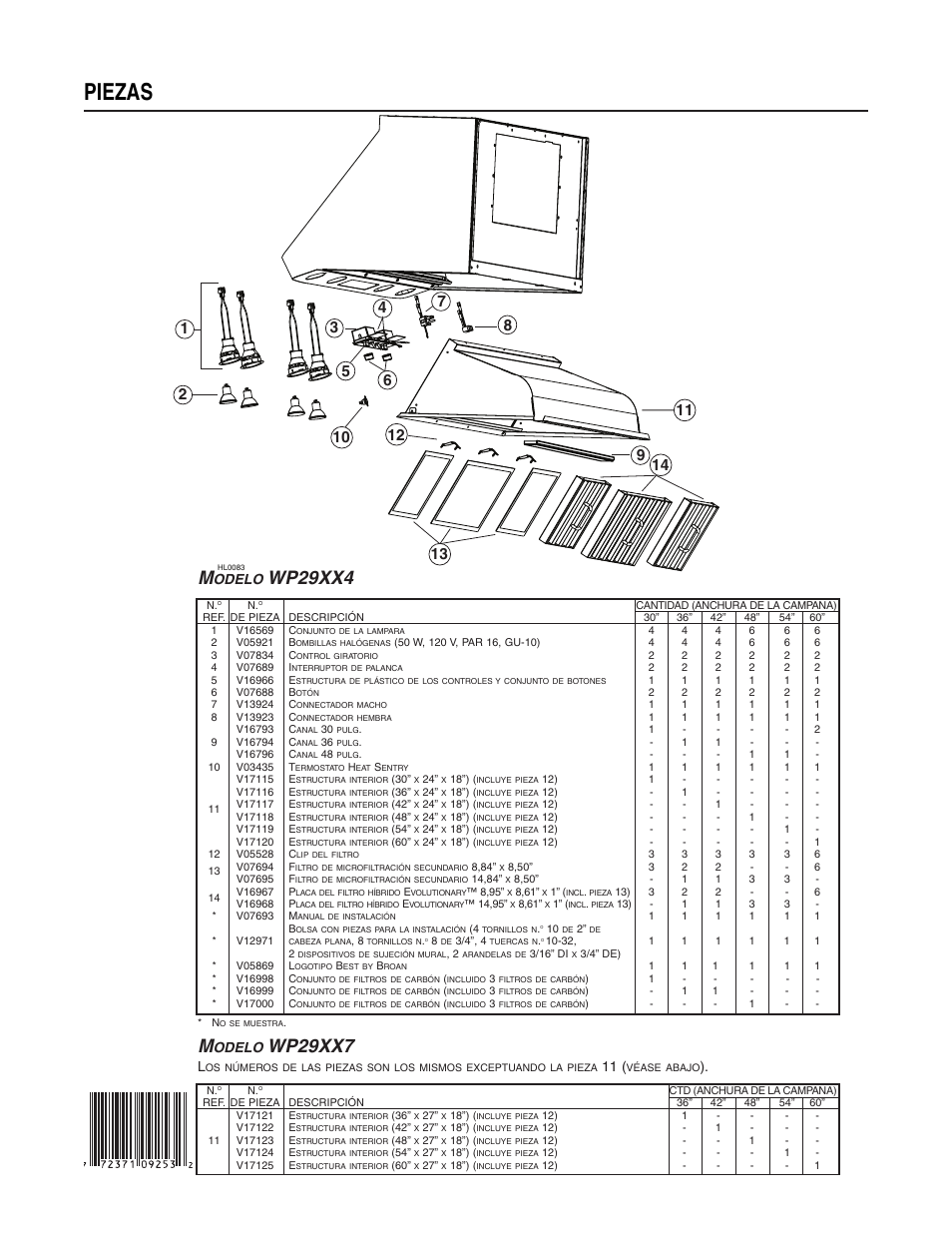 Piezas, Wp29xx4 m, Wp29xx7 | Odelo | Best WP29M User Manual | Page 36 / 36