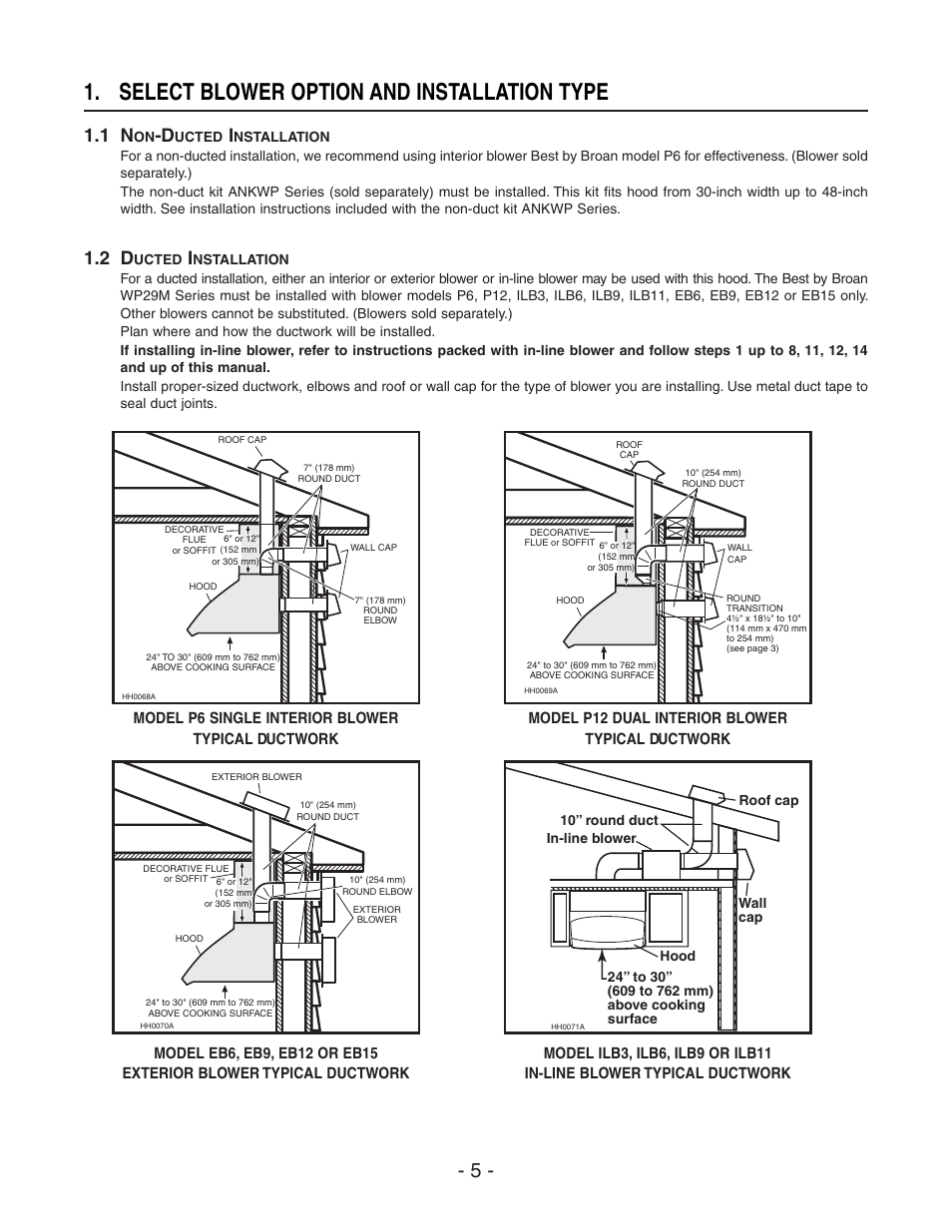 Select blower option and installation type, Model p6 single interior blower typical ductwork, Model p12 dual interior blower typical ductwork | Best WP29M User Manual | Page 5 / 36