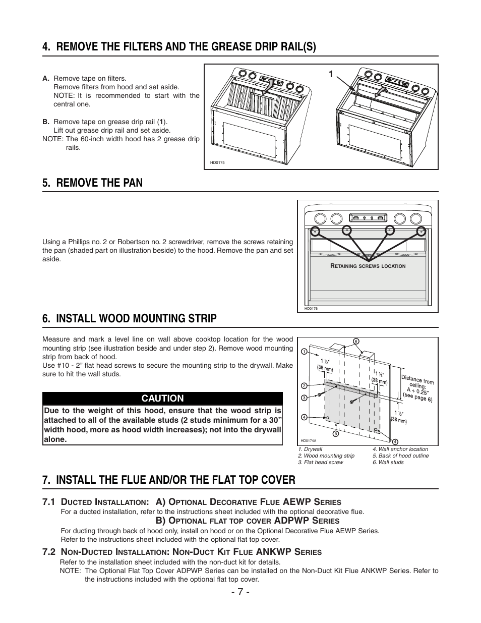 Install wood mounting strip, Remove the filters and the grease drip rail(s), Remove the pan | Install the flue and/or the flat top cover | Best WP29M User Manual | Page 7 / 36