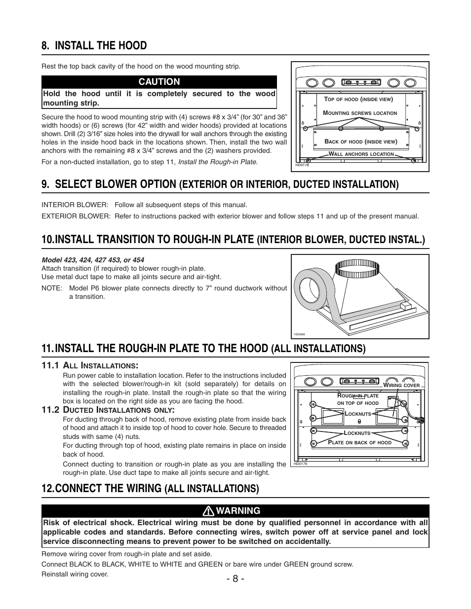 Install the rough-in plate to the hood, Select blower option, Install transition to rough-in plate | Install the hood, Connect the wiring, All installations), Exterior or interior, ducted installation), Interior blower, ducted instal.), Caution, Warning | Best WP29M User Manual | Page 8 / 36