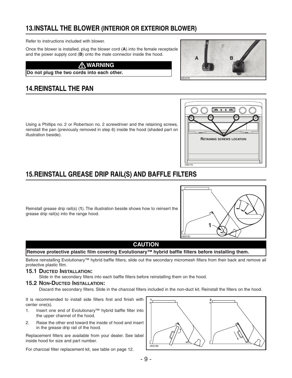 Install the blower, Reinstall the pan, Reinstall grease drip rail(s) and baffle filters | Interior or exterior blower) | Best WP29M User Manual | Page 9 / 36