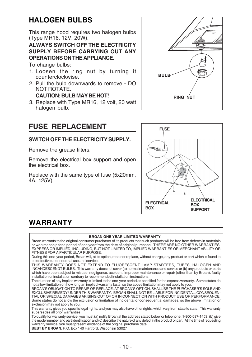 Warranty, Fuse replacement, Halogen bulbs | Best K30 User Manual | Page 10 / 32