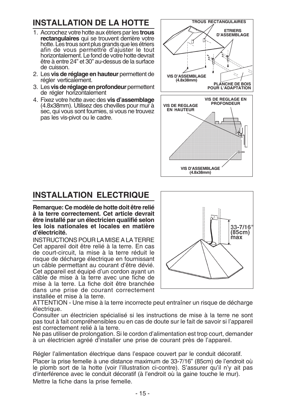 Installation de la hotte, Installation electrique | Best K30 User Manual | Page 15 / 32