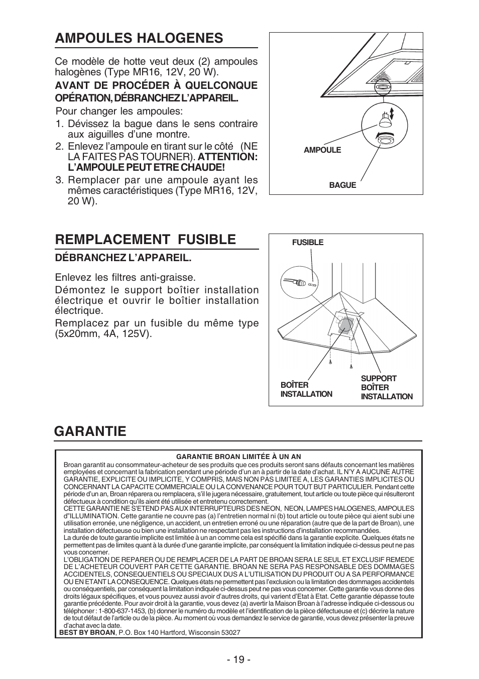 Garantie remplacement fusible, Ampoules halogenes | Best K30 User Manual | Page 19 / 32