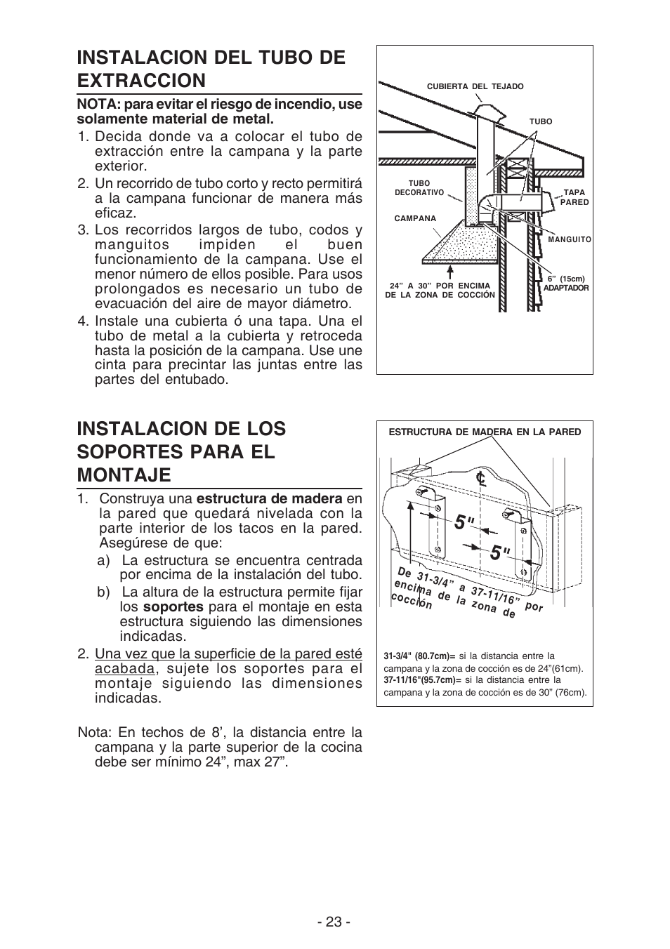 Instalacion del tubo de extraccion, Instalacion de los soportes para el montaje | Best K30 User Manual | Page 23 / 32