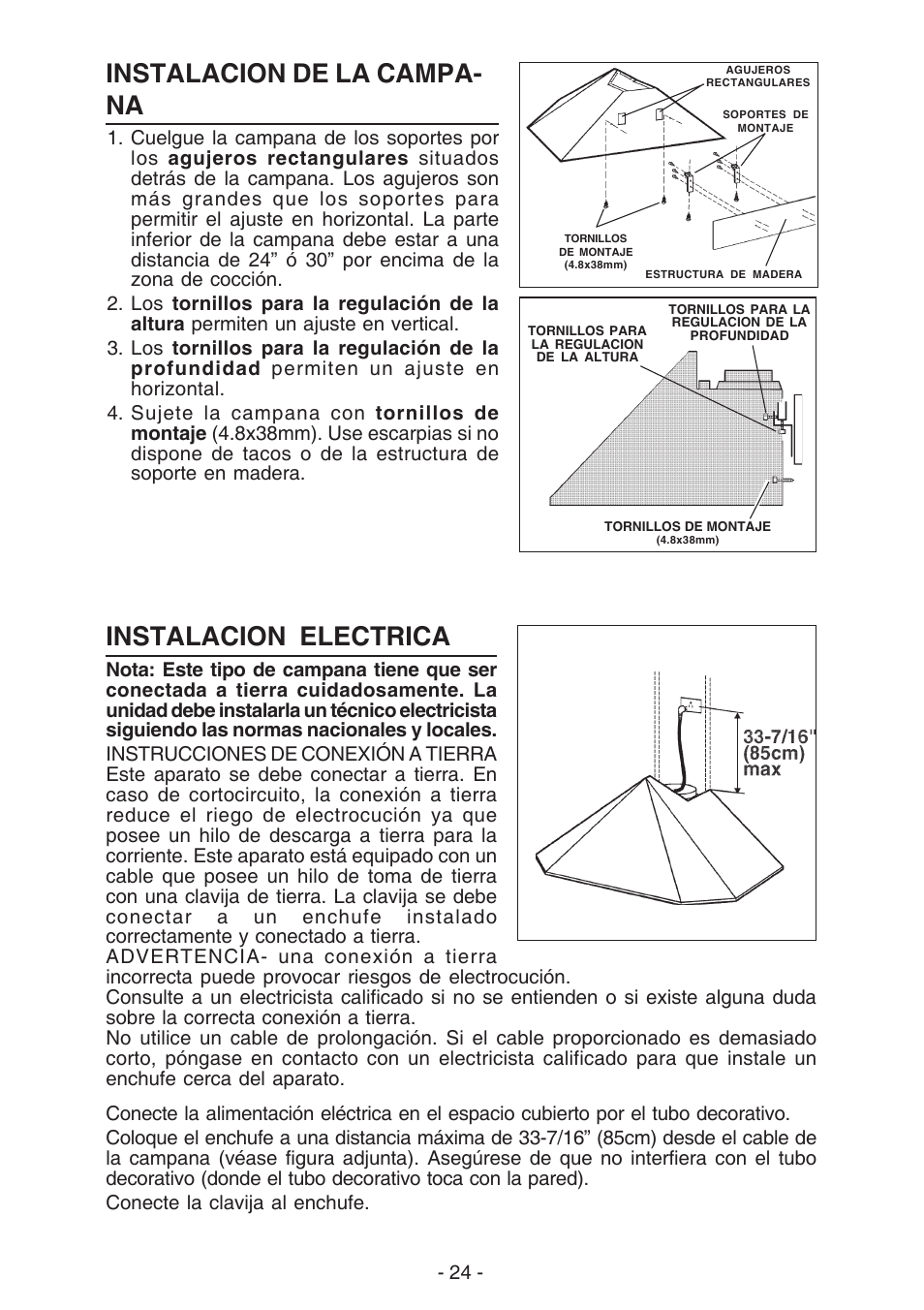 Instalacion electrica, Instalacion de la campa- na | Best K30 User Manual | Page 24 / 32