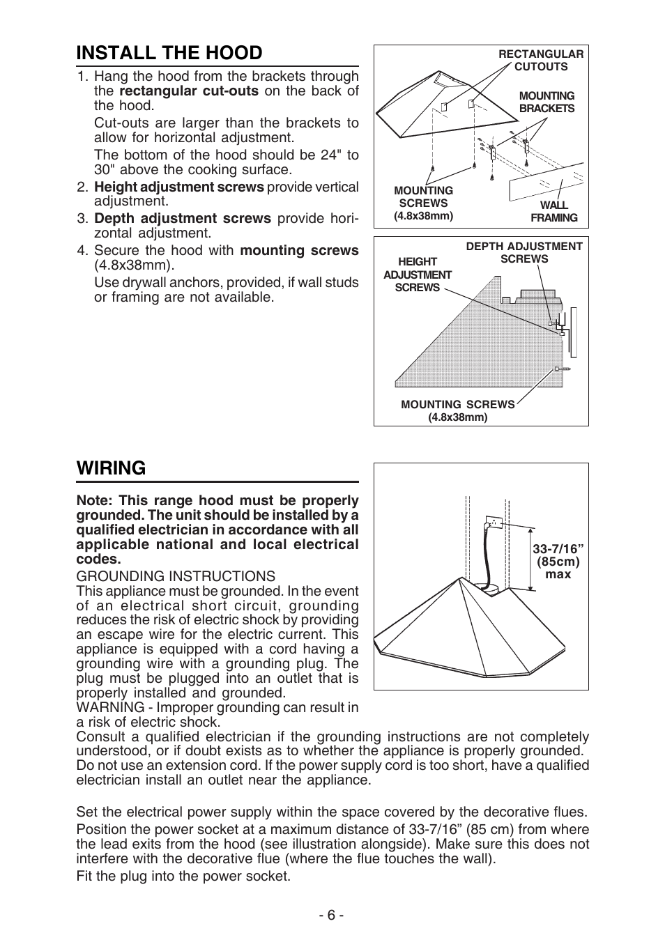 Install the hood, Wiring | Best K30 User Manual | Page 6 / 32