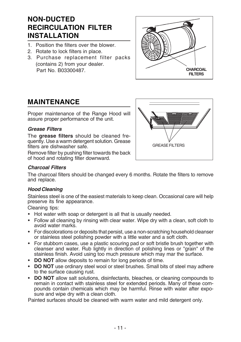 Maintenance, Non-ducted recirculation filter installation | Best K3139 User Manual | Page 11 / 40