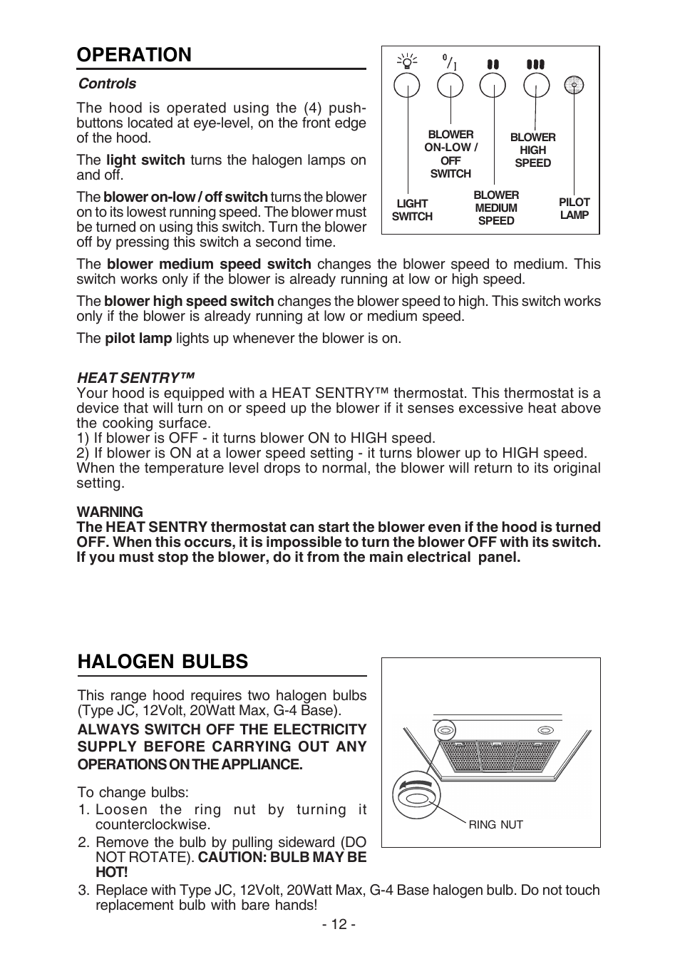 Operation, Halogen bulbs | Best K3139 User Manual | Page 12 / 40