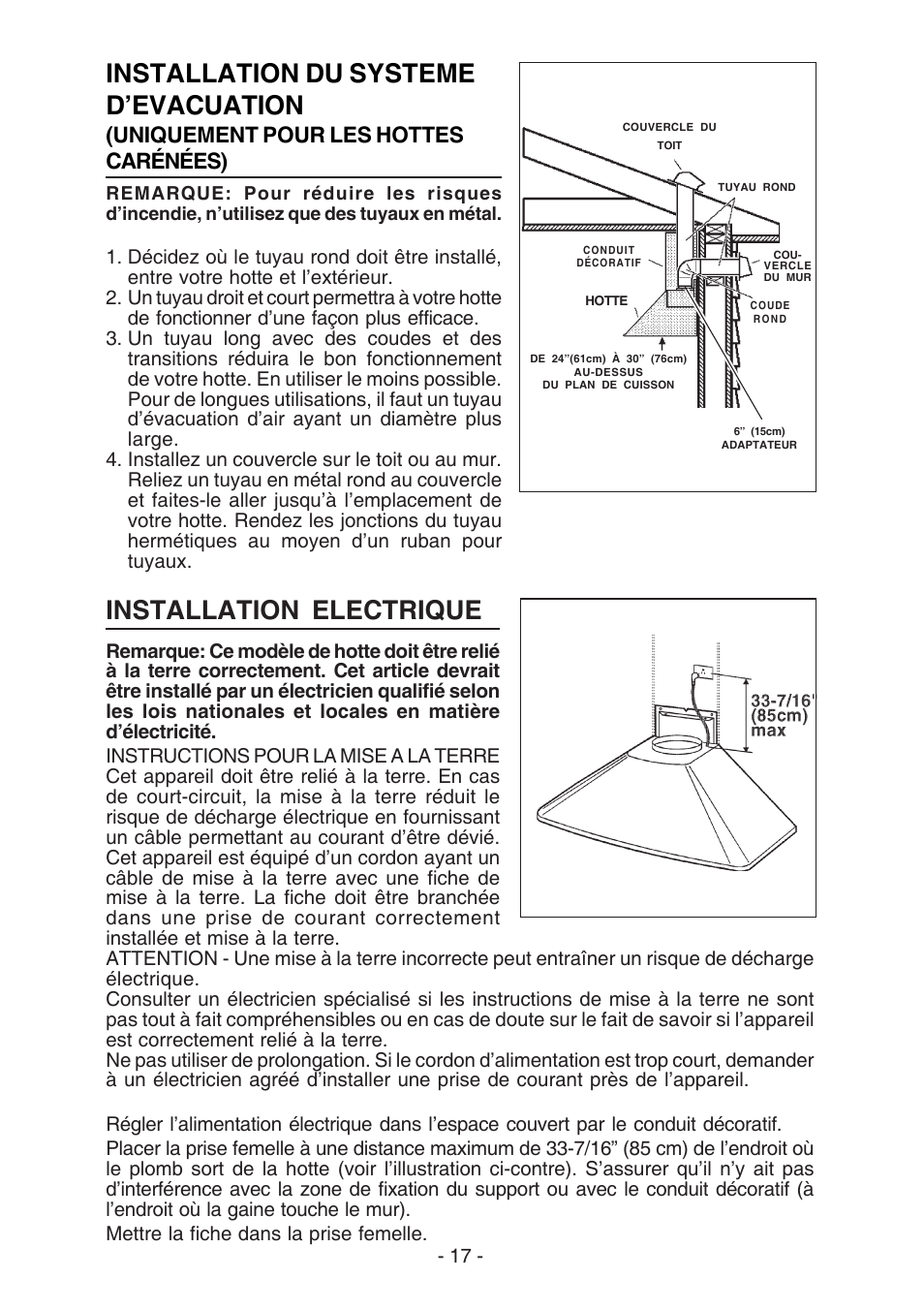 Installation du systeme d’evacuation, Installation electrique, Uniquement pour les hottes carénées) | Best K3139 User Manual | Page 17 / 40